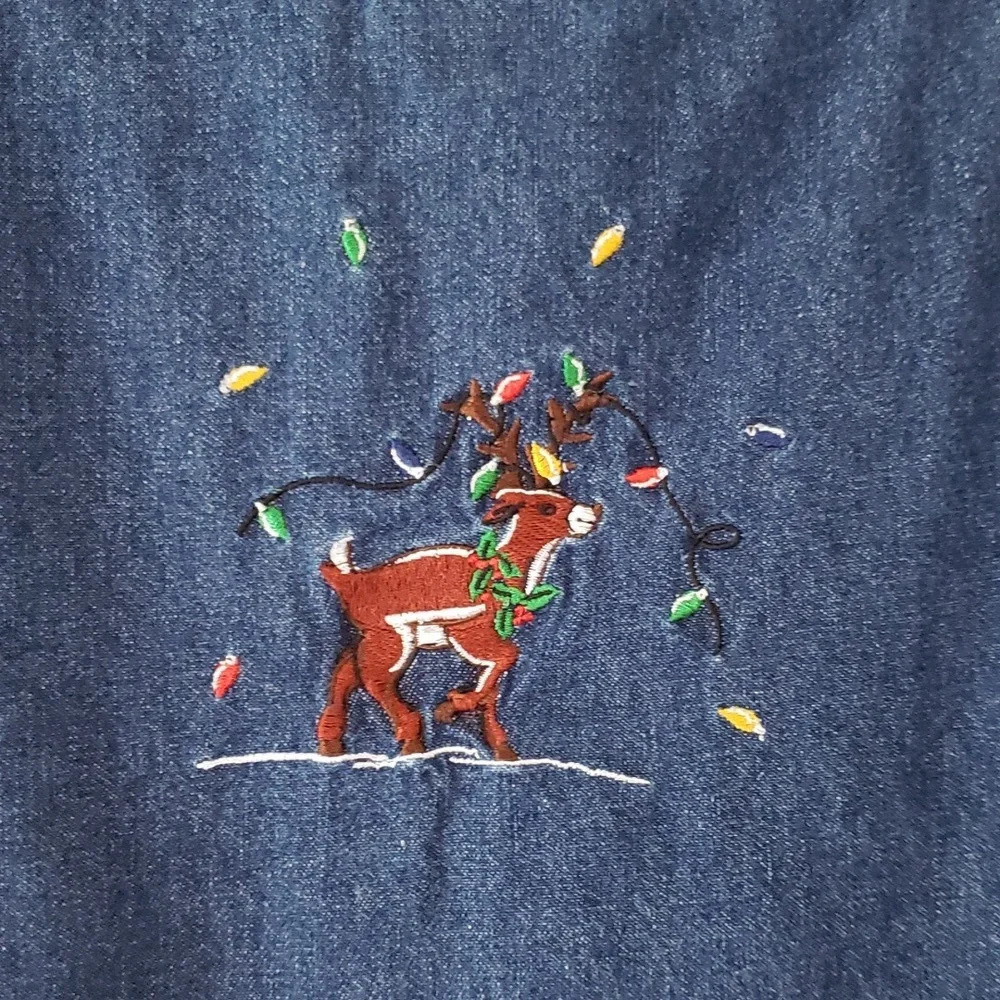TY Original Wear VTG Denim Embroidered Sleeveless Jumper Dress Women 10 Reindeer - Picture 9 of 11